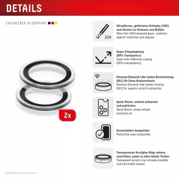 Displex Premium kameralinssilasi, iPhone 16e/17e, 2 kpl:n pakkaus, 10H, yksittäiset renkaat, DLC, läpinäkyvä, pika-asennus