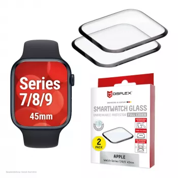 Näytönsuojakalvo Displex Unbreakable Full Cover Smart Glass Apple Watch 45 mm (Series 9/8/7), 2 kpl:n pakkaus, ultrahutut, reunaton
