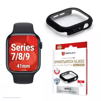 PanzerGlass Displex 10H karkaistu lasi kokovartalosuoja Apple Watch 41 mm (Series 9/8/7), IP68, Snap-On, musta matta
