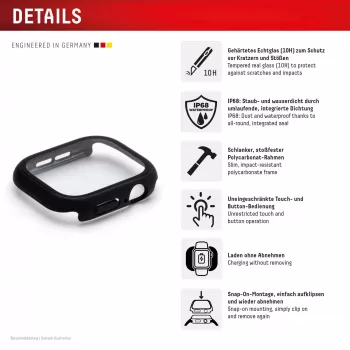 PanzerGlass Displex 10H karkaistu lasi kokovartalosuoja Apple Watch 41 mm (Series 9/8/7), IP68, Snap-On, musta matta