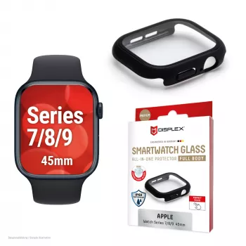 Displex 10H karkaistu lasi Apple Watch 9/8/7 (45 mm), kokovartalokotelo, IP68, Snap-On, musta matta