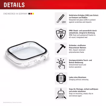 Näytönsuoja PanzerGlass Displex 10H Apple Watch 9/8/7 45mm, täyspintainen karkaistu lasi, IP68, Snap-on, läpinäkyvä