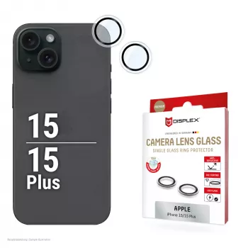 Displex Premium kameraobjektiivilasi, iPhone 15/15 Plus, 10H, yksittäiset renkaat, DLC, läpinäkyvä, Quick Mount