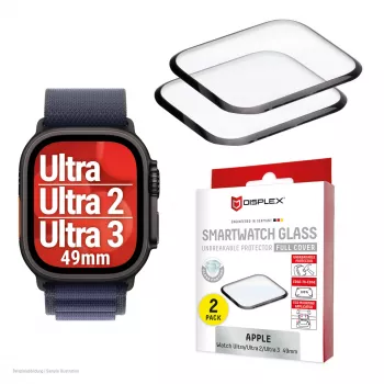 Näytönsuoja Displex Unbreakable Full Cover Smart Glass Apple Watch Ultra 3/Ultra 2/Ultra (49 mm), 2 kpl:n pakkaus, reunaton, läpinäkyvä