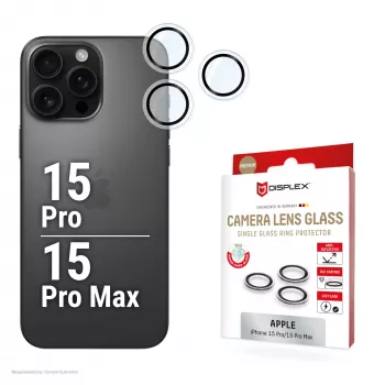 Displex Premium kameralasi, iPhone 15 Pro/15 Pro Max, 10H, yksittäiset renkaat, DLC, läpinäkyvä, pika-asennus