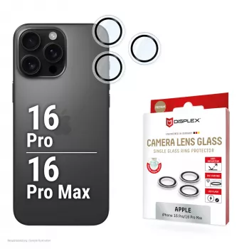 Displex Premium kameralinssilasi, iPhone 16 Pro/16 Pro Max, 10H, yksittäiset renkaat, DLC, läpinäkyvä, pika-asennus