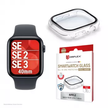 Displex 10H karkaistu lasi Apple Watch SE3/SE2/SE (40 mm), kokovartalokotelo, IP68, Snap-On, läpinäkyvä