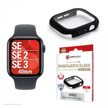 Näytönsuoja PanzerGlass Displex 10H Apple Watch SE3/SE2/SE (40 mm) – kokovartalo, IP68, napsautettava, musta matta