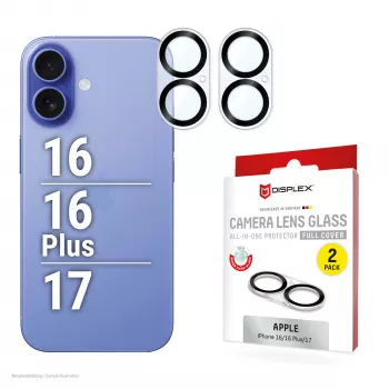 Displex Full Cover -kameran linssilasi iPhone 16/16 Plus/17, 10H, täysi kameransuojaus, pikakiinnitys, 2 kpl:n pakkaus