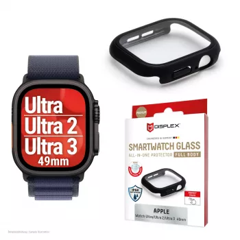 Näytönsuoja PanzerGlass Displex 10H Apple Watch Ultra 3/Ultra 2/Ultra (49 mm), kokovartalo, IP68, Snap-on, musta matta