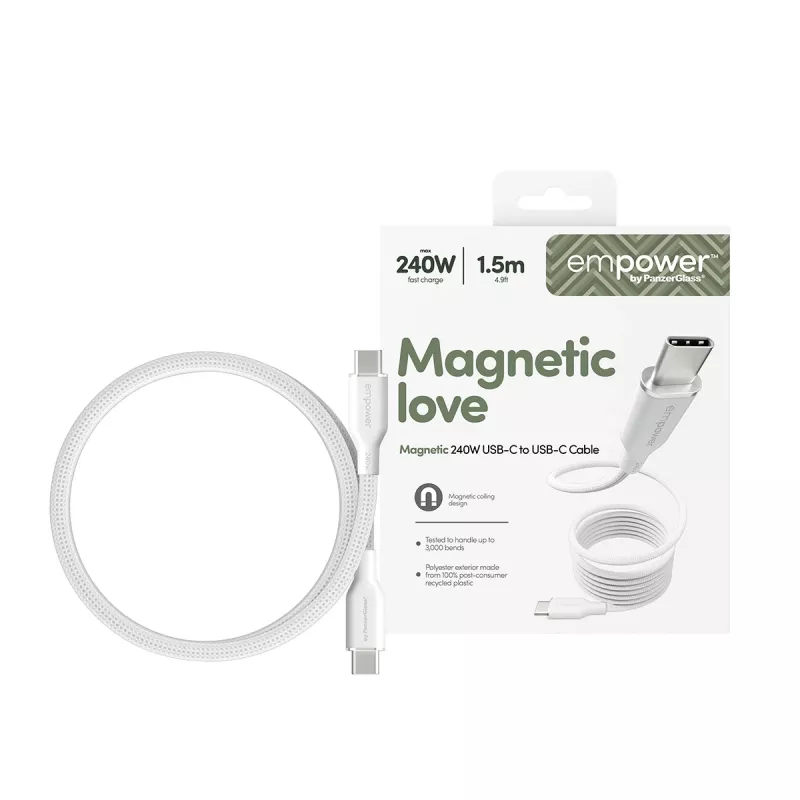 PanzerGlass empower™ by ® Magnetic 240W USB-C–USB-C-kaapeli | USB 2.0 | 1,5 m | Silver White
