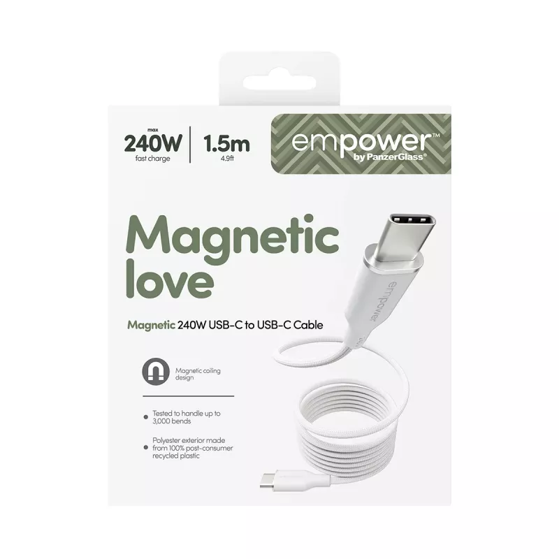 PanzerGlass empower™ by ® Magnetic 240W USB-C–USB-C-kaapeli | USB 2.0 | 1,5 m | Silver White