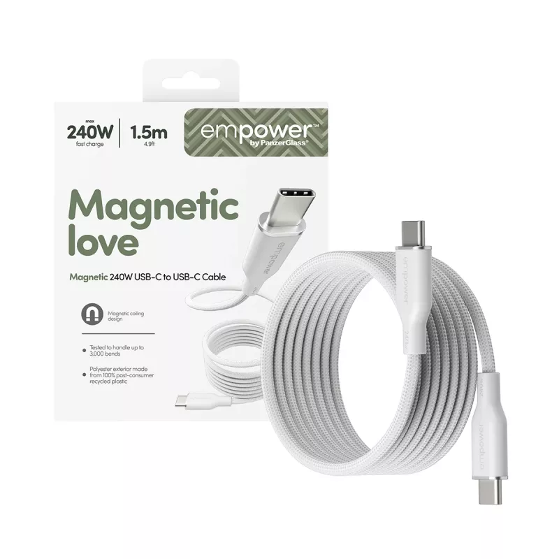 PanzerGlass empower™ by ® Magnetic 240W USB-C–USB-C-kaapeli | USB 2.0 | 1,5 m | Silver White