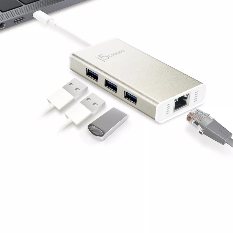 j5create JCH471 USB-C™ Gigabit Ethernet ja keskitin monisovitin, metallinen champagne