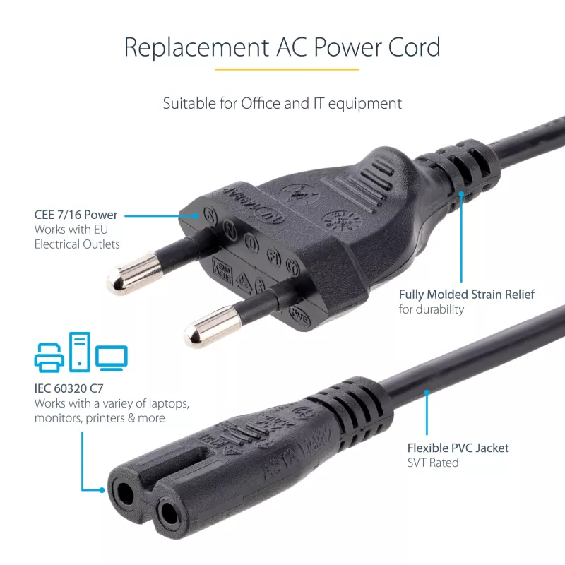 StarTech.com 2 m kannettavan tietokoneen virtajohto, EU-pistoke C7, 2,5 A 250 V