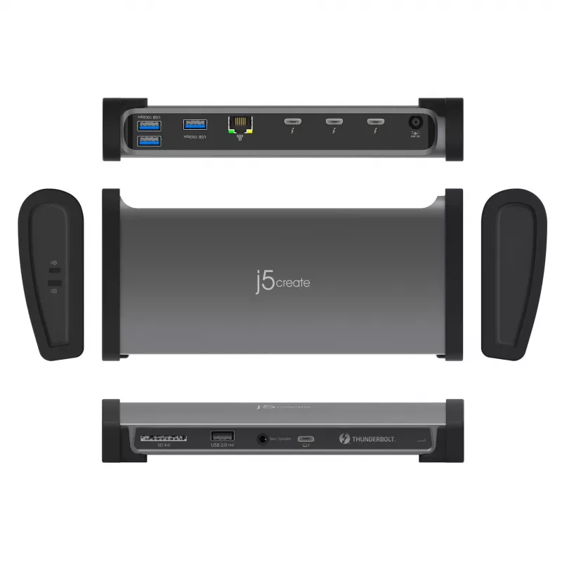 j5create JTD562 - 8K Thunderbolt™ 4 -telakointiasema - EU, johdollinen, Thunderbolt 4, 96 W, 3,5 mm, 10,100,1000 Mbit/s, harmaa