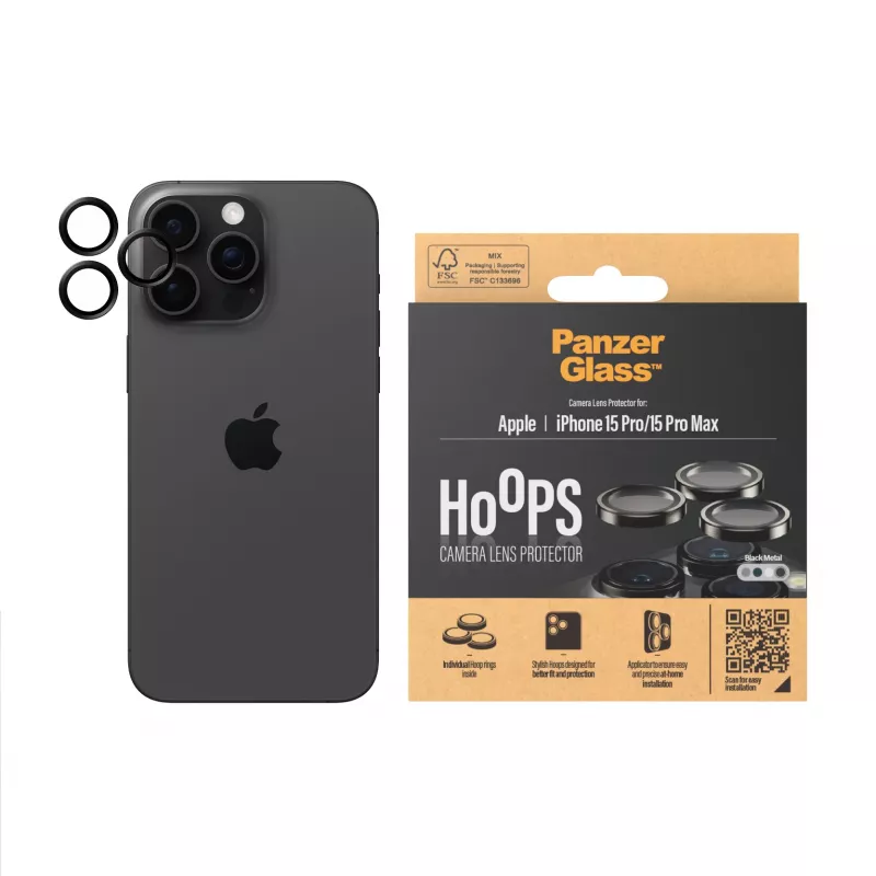 PanzerGlass® Hoops® Metal kameralinssin suojus musta iPhone 15 Pro | 15 Pro Max