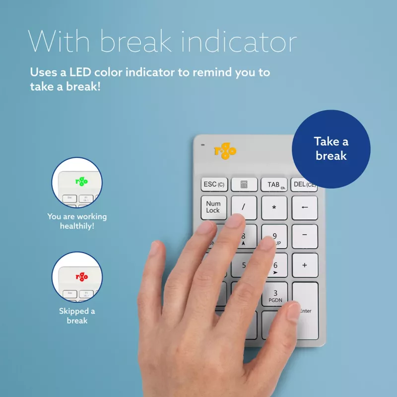 R-Go Tools numeronäppäimistö R-Go Numpad Break, ergonominen numeronäppäimistö Break-ohjelmistolla, Bluetooth, valkoinen