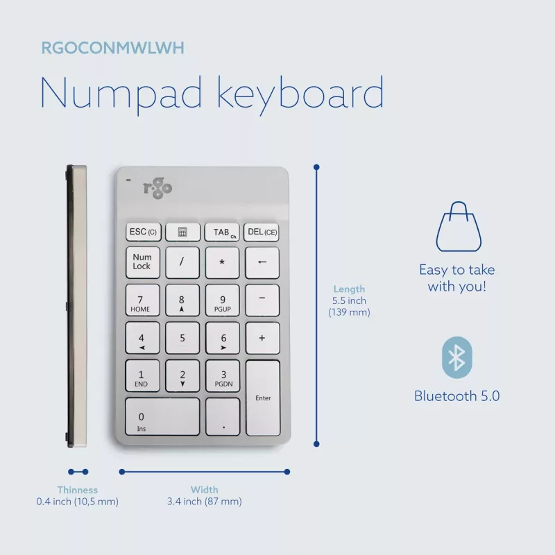 R-Go Tools numeronäppäimistö R-Go Numpad Break, ergonominen numeronäppäimistö Break-ohjelmistolla, Bluetooth, valkoinen