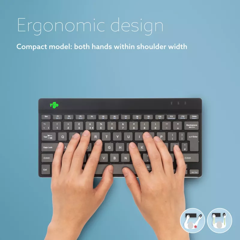 R-Go Tools ergonominen näppäimistö R-Go Compact Break, kompakti näppäimistö tauko-ohjelmistolla, QWERTZ (DE), Bluetooth, musta