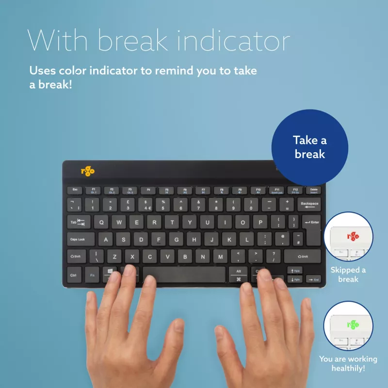 R-Go Tools ergonominen näppäimistö R-Go Compact Break, kompakti näppäimistö tauko-ohjelmistolla, QWERTZ (DE), Bluetooth, musta