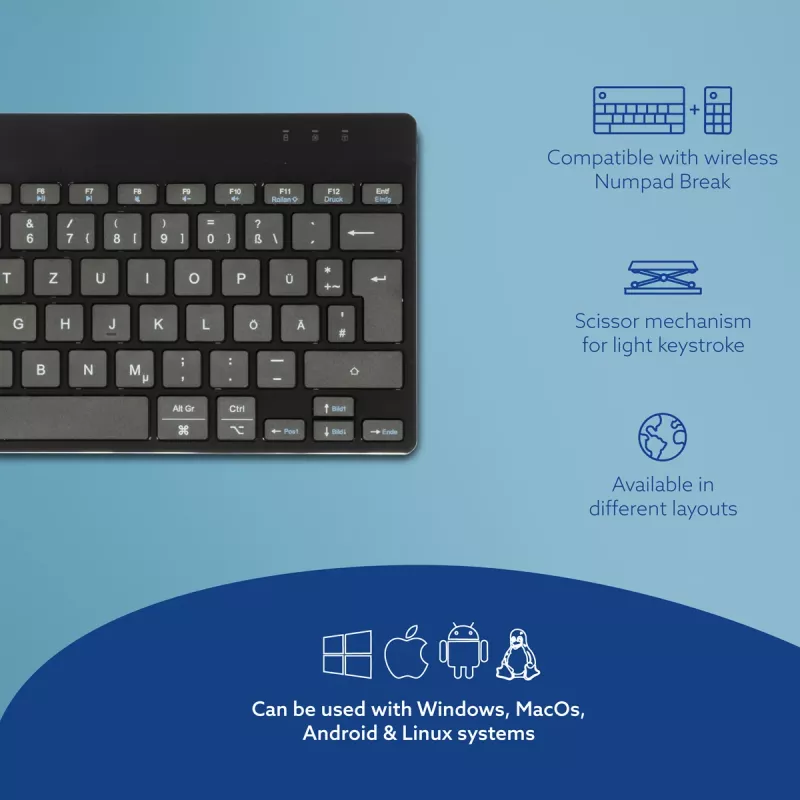 R-Go Tools ergonominen näppäimistö R-Go Compact Break, kompakti näppäimistö tauko-ohjelmistolla, QWERTZ (DE), Bluetooth, musta