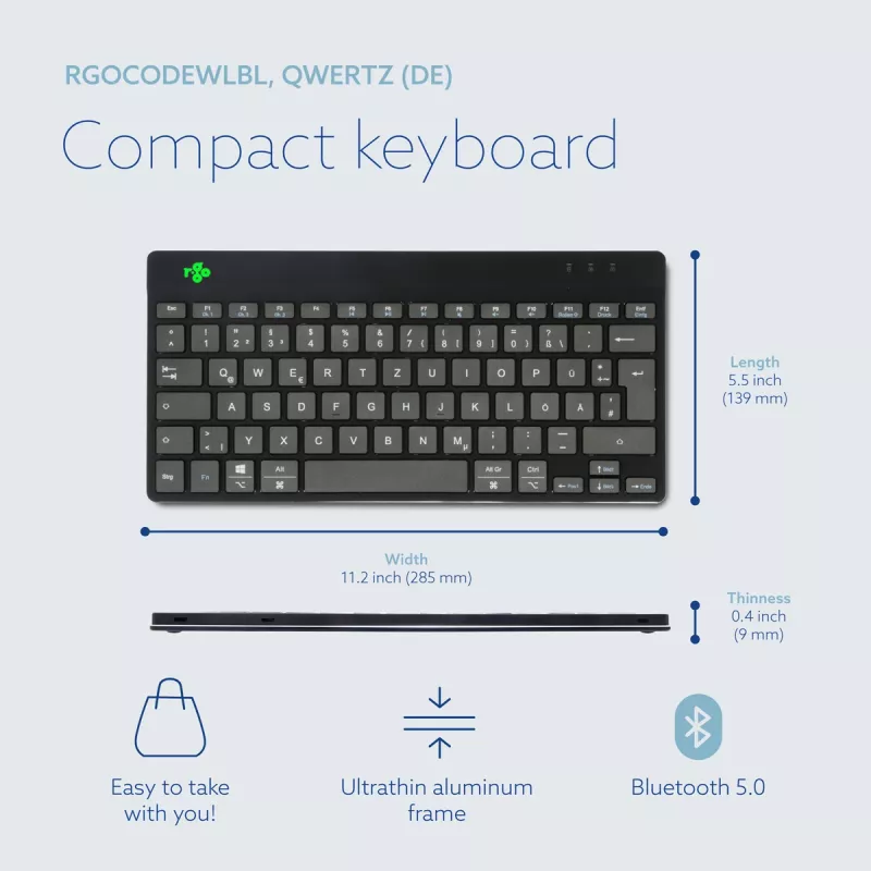 R-Go Tools ergonominen näppäimistö R-Go Compact Break, kompakti näppäimistö tauko-ohjelmistolla, QWERTZ (DE), Bluetooth, musta