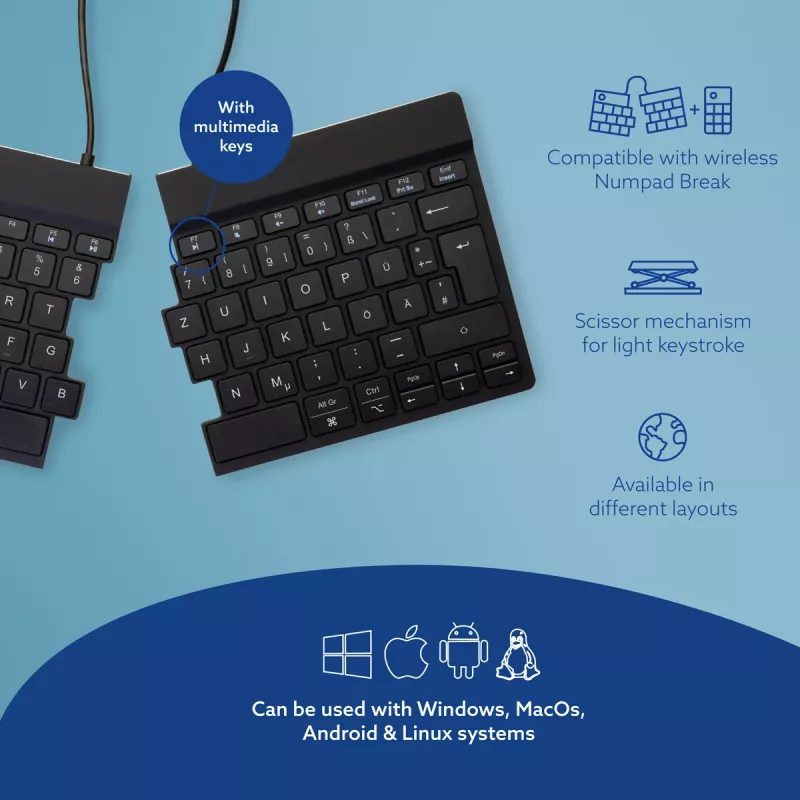 R-Go Tools ergonominen näppäimistö R-Go Split Break tauko-ohjelmistolla, ergonominen jaettu näppäimistö, QWERTZ (DE), Bluetooth, musta