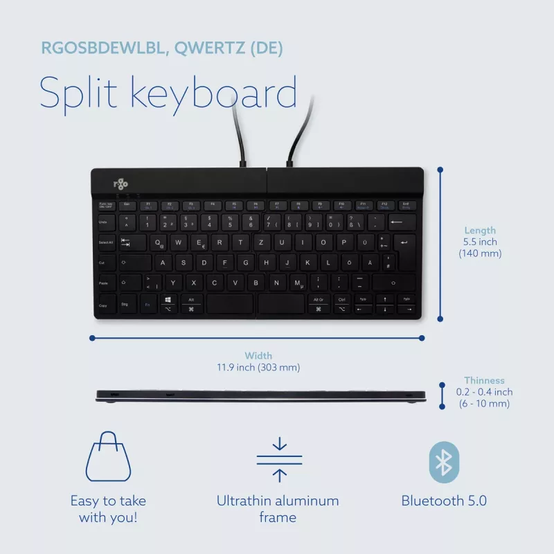 R-Go Tools ergonominen näppäimistö R-Go Split Break tauko-ohjelmistolla, ergonominen jaettu näppäimistö, QWERTZ (DE), Bluetooth, musta