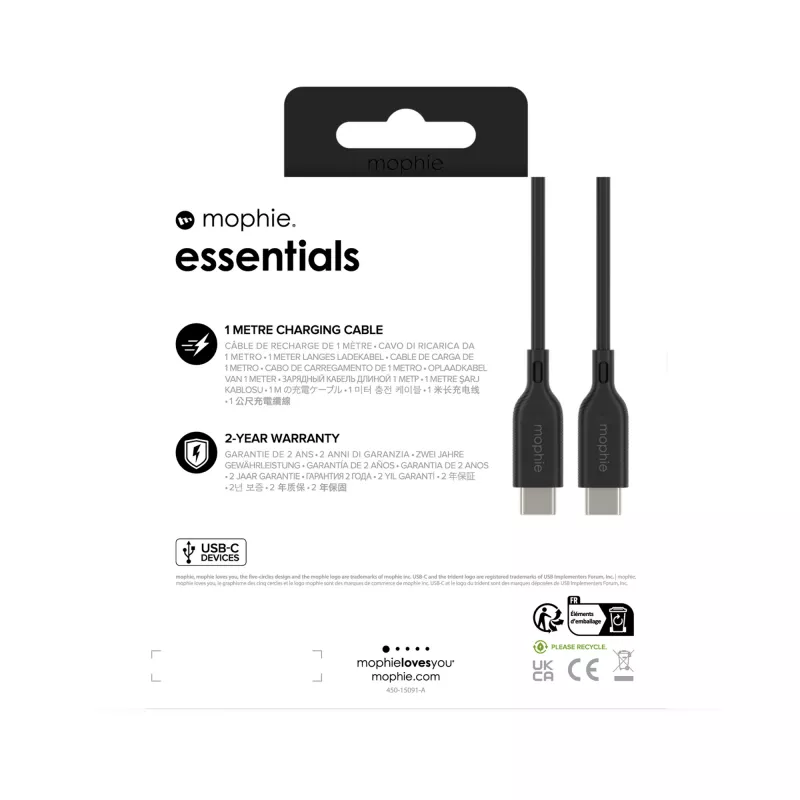USB-C - USB-C latauskaapeli 1 m — Zagg International mophie essentials, USB 2.0, musta