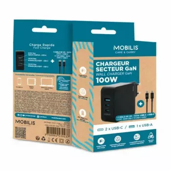 Ravanson Mobilis laturi 100W GaN 2×USB‑C + 1×USB‑A AC sisäkäyttöön — kannettavalle, älypuhelimelle, tabletille — musta