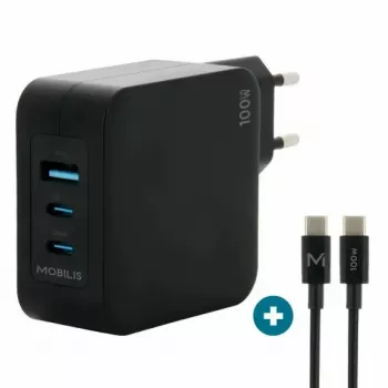 Ravanson Mobilis laturi 100W GaN 2×USB‑C + 1×USB‑A AC sisäkäyttöön — kannettavalle, älypuhelimelle, tabletille — musta