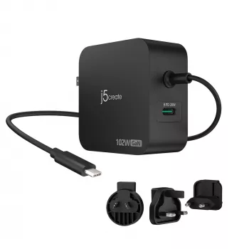 j5create 102W GaN PD USB-C 2-porttinen laturi vaihdettavilla pistokkeilla