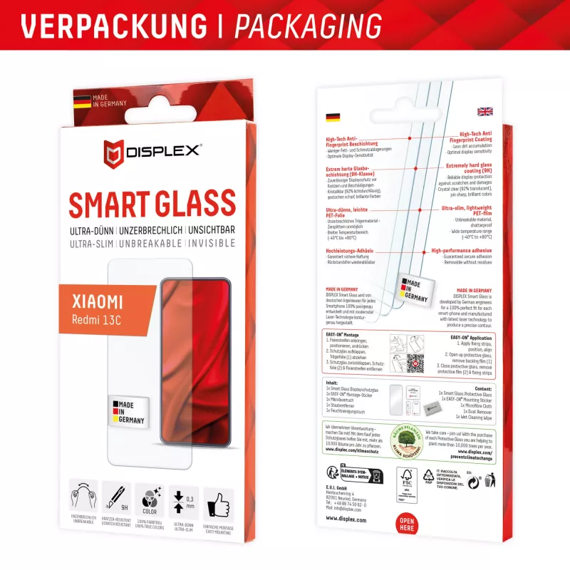 Displex Smart Glass (9H) Xiaomi Redmi 13C, asennustarrat, särkymätön