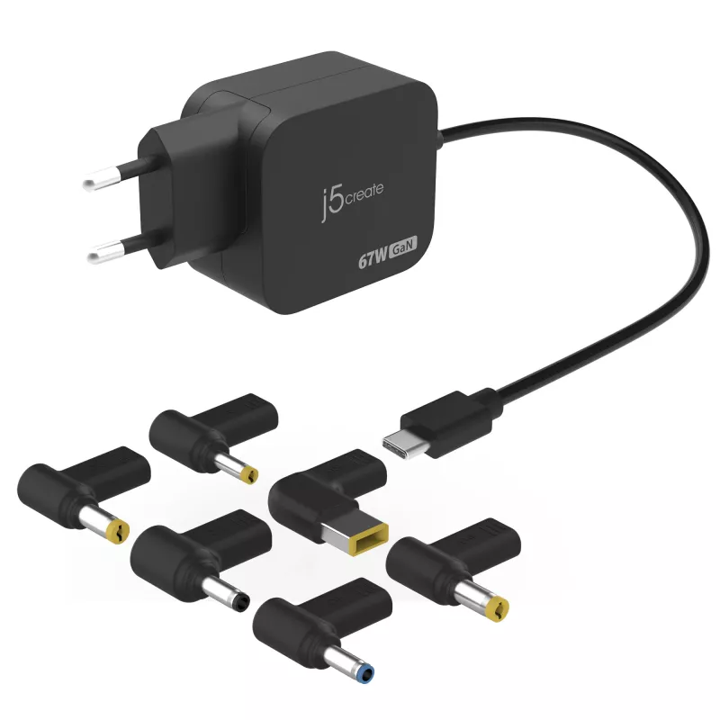 j5create JUP1565DC 67W GaN PD USB-C® Mini-laturi 6 DC-liitintyypillä – EU, musta