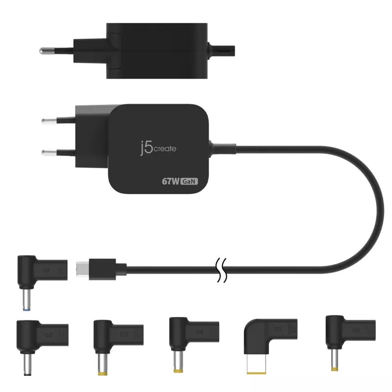 j5create JUP1565DC 67W GaN PD USB-C® Mini-laturi 6 DC-liitintyypillä – EU, musta