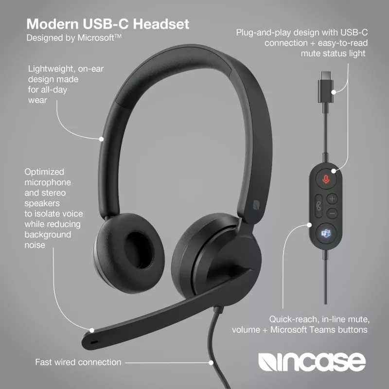 Incase Designed by Microsoft Modern USB-C Headset johdollinen kuulokemikrofoni pääpanta toimisto/callcenter USB Type-C musta