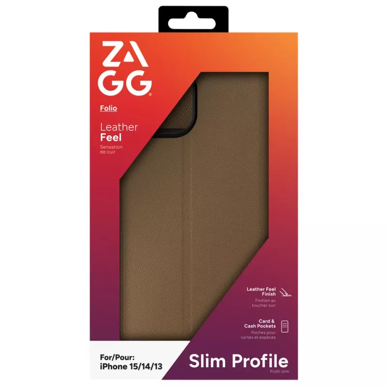 ZAGG 702314850 Folio läppäkotelo Apple iPhone 16e/15/14/13:lle, keinonahka, ruskea