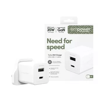 PanzerGlass empower™ by ® Turbo 35W laturi sis. USB-C + USB-A | UK-pistoke | hopeanvalkoinen