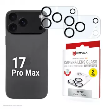 Displex Full Cover -kameransuojalasi iPhone 17 Pro Max, 10H, täysi kameransuojaus, pika-asennus, 2 kpl:n pakkaus