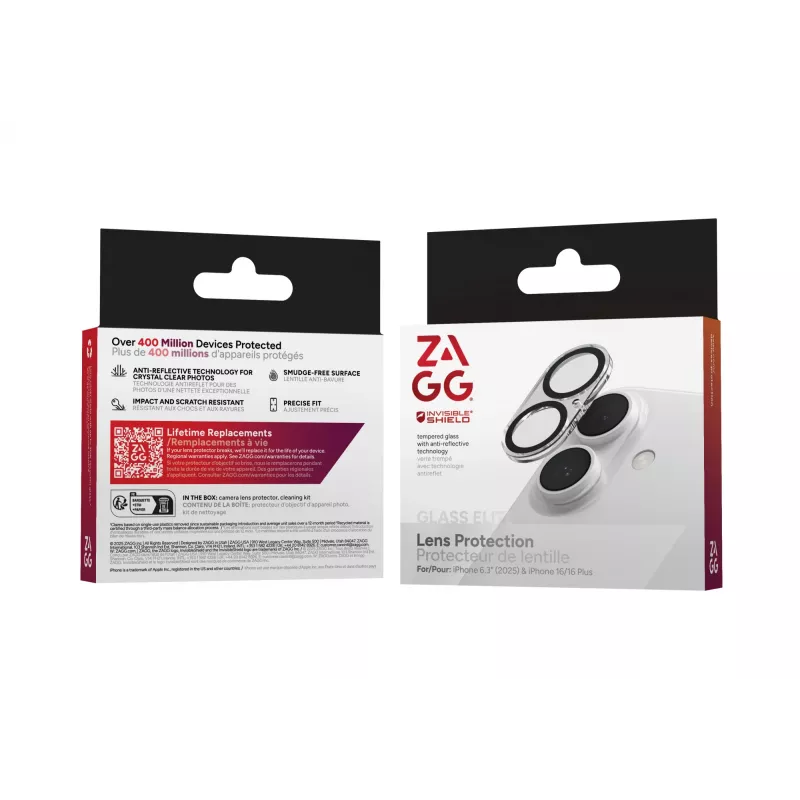 ZAGG InvisibleShield Glass Elite kameran linssinsuojus Apple iPhone 16/16 Plus -puhelimelle, musta