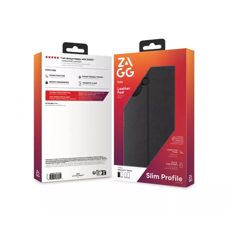 ZAGG Folio -suojakotelo Apple iPhone 17 -puhelimelle, nahkaa, musta