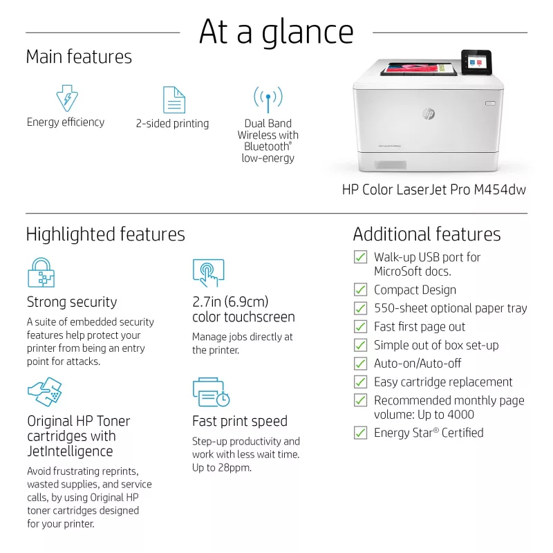 HP Color LaserJet Pro M454dw, tulostus, etu-USB-tulostus; kaksipuolinen tulostus