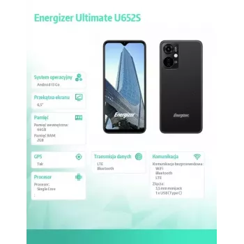Älypuhelin Energizer U652SEU, 6,51 tuuman näyttö, 64 GB tallennustila, musta
