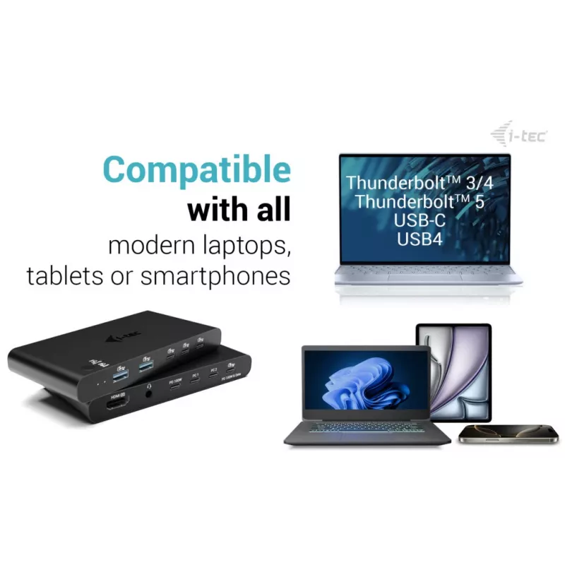 KVM-telakointiasema i-tec 2 isäntälaitteelle HDMI, USB-C-isäntäliitäntä, PD 2×100W, 4K@60Hz, 2×USB-A