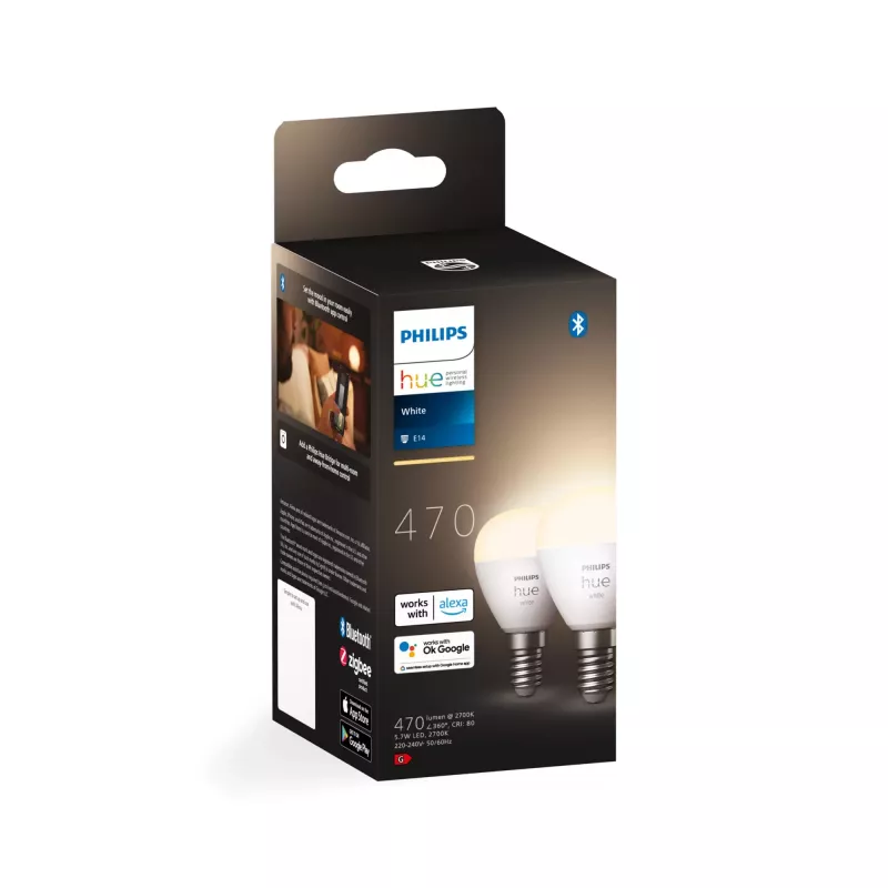 Philips Hue White E14 Luster LED-lamppu, P45, 5,7 W, 470 lm (2 kpl)