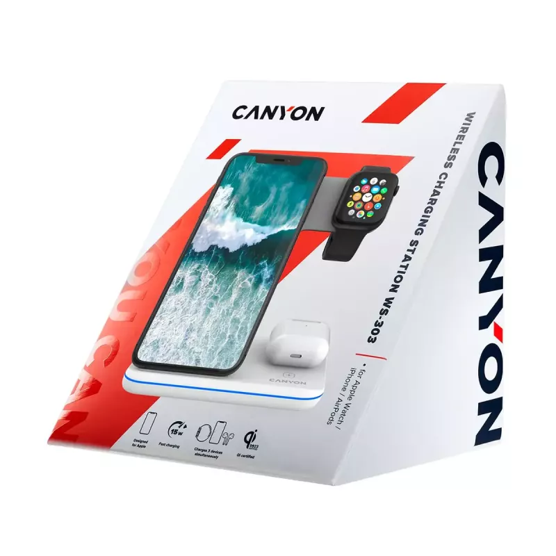 CANYON WS-303 3-in-1 Qi-langaton latausteline, 15 W, valkoinen (CNS-WCS303W)