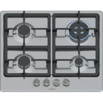 Kalusteisiin asennettava kaasuliesi Bosch Serie 4 PGH6B5K90, 4 vyöhykettä ruostumaton teräs, 60 cm, kiertosäätimet, wokpoltin