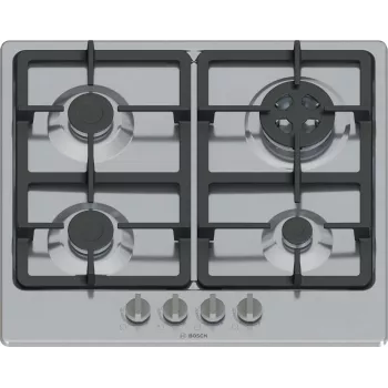 Kalusteisiin asennettava kaasuliesi Bosch Serie 4 PGH6B5K90, 4 vyöhykettä ruostumaton teräs, 60 cm, kiertosäätimet, wokpoltin