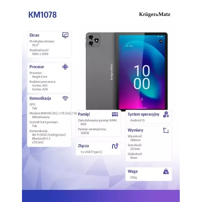 Kruger & Matz Krüger&Matz KM1078S tabletti 8 GB RAM 256 GB Octa-Core (10,95) Wi-Fi 5 (802.11ac) Android 15